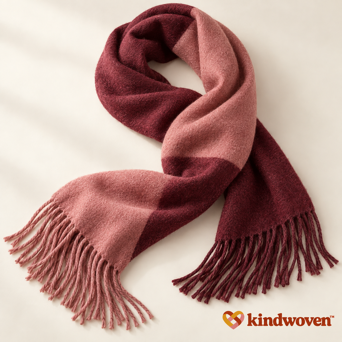 Rose & Burgundy Colorblock Fringe Scarf