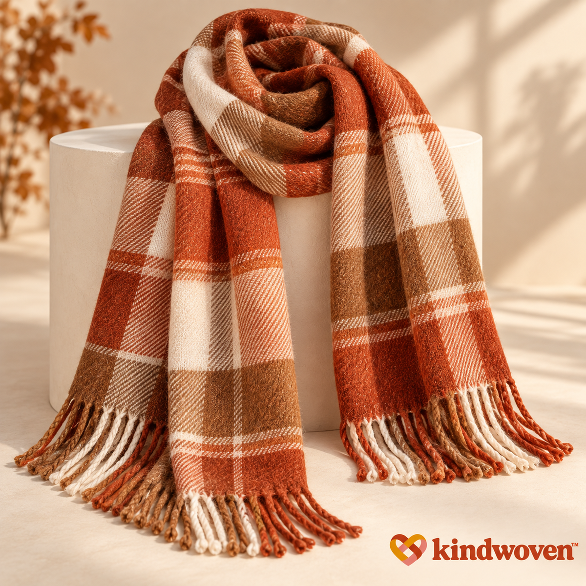 Kindwoven Rust and Caramel Plaid Fringe Scarf