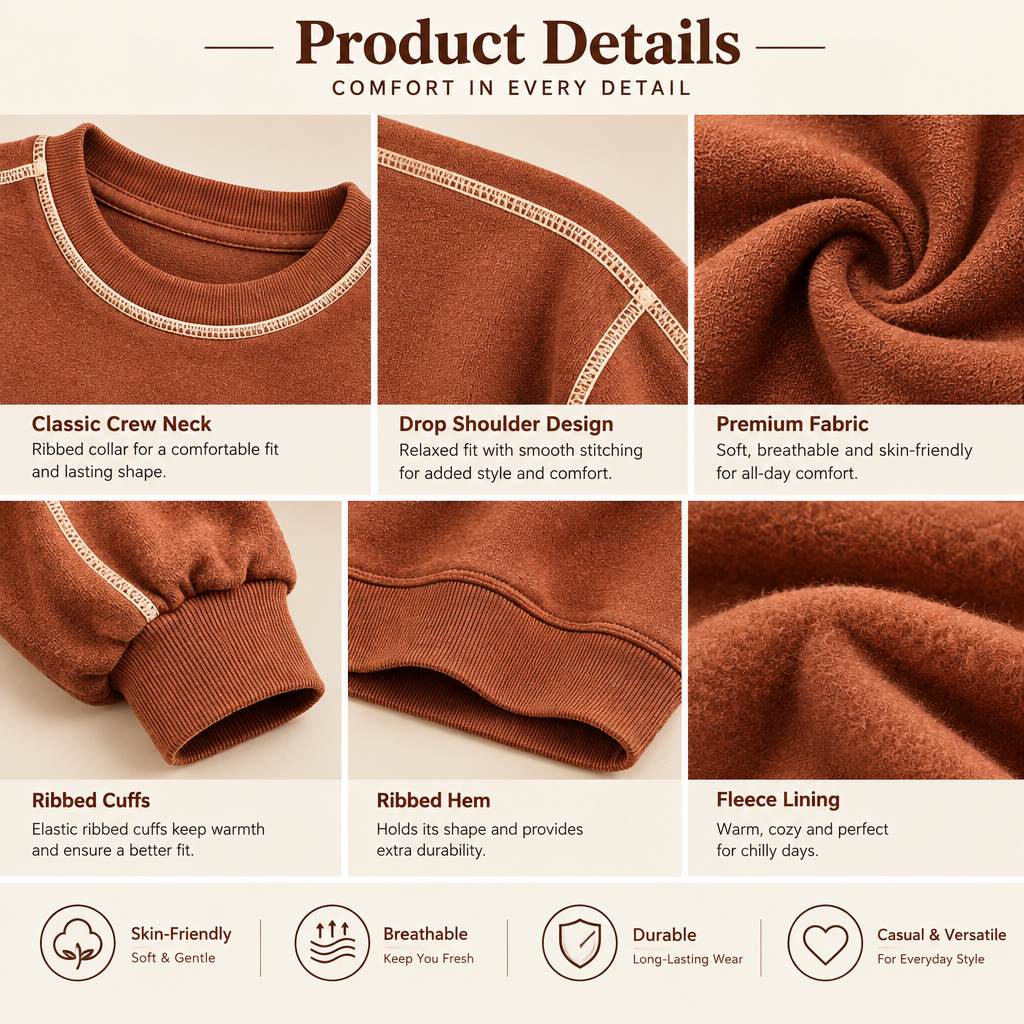Cinnamon Contrast-Stitch Crewneck Sweatshirt