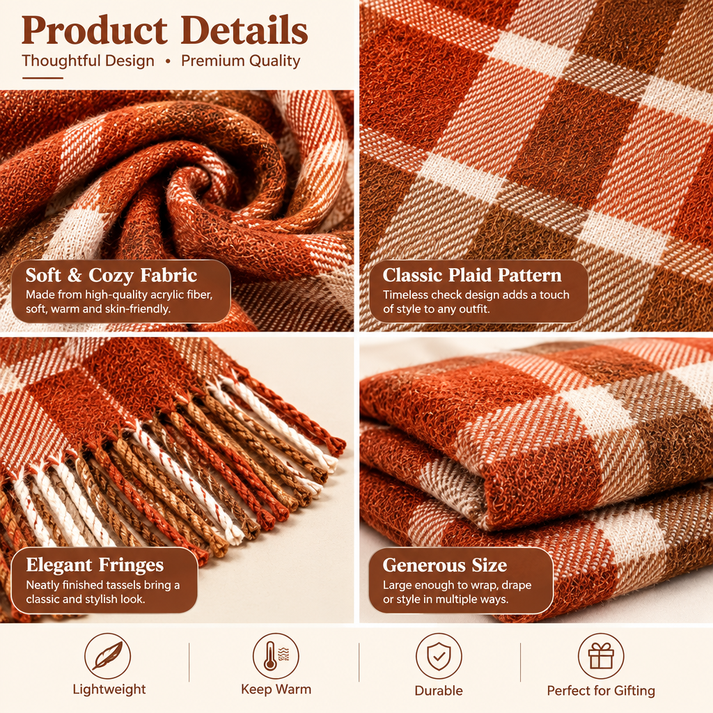 Kindwoven Rust and Caramel Plaid Fringe Scarf product details