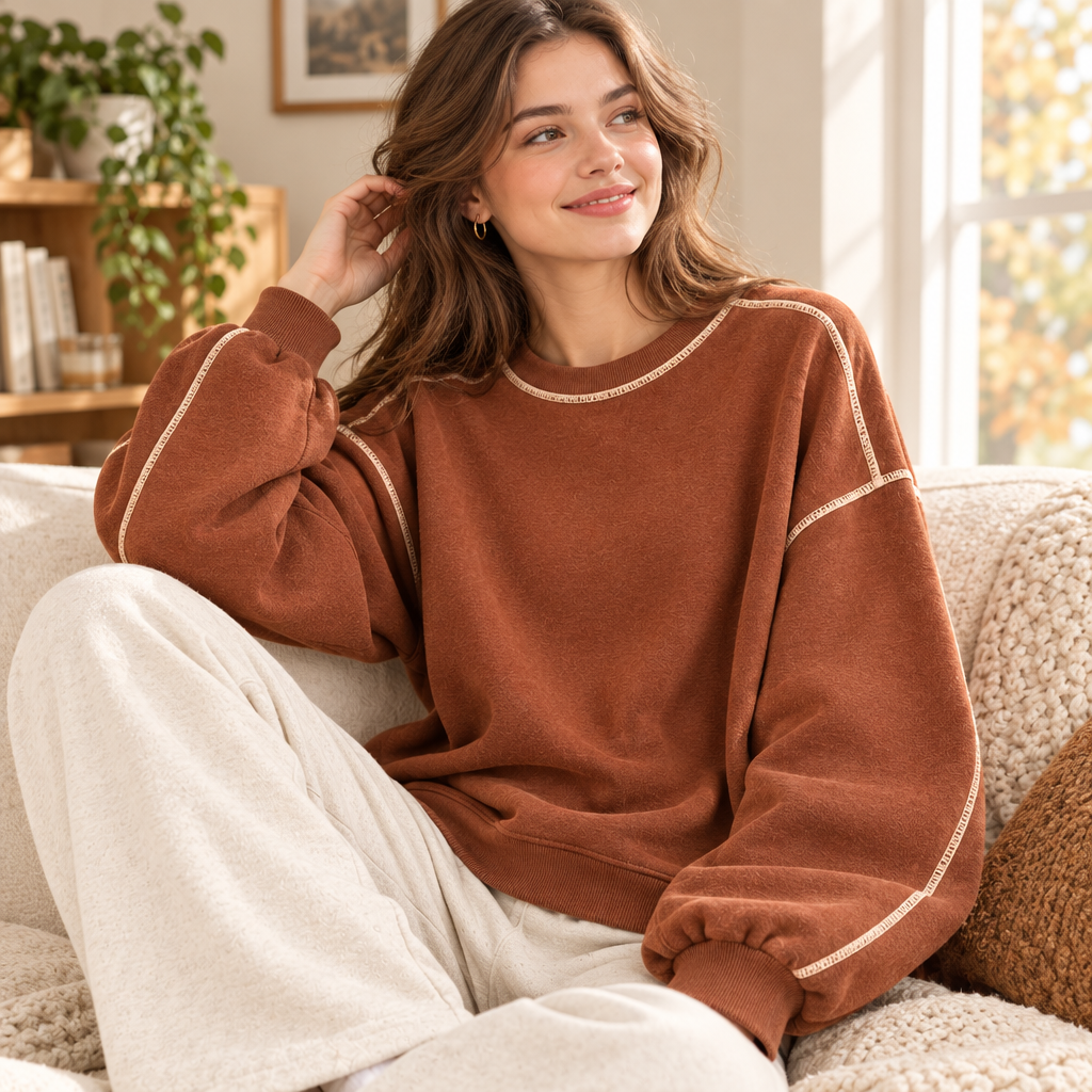Cinnamon Contrast-Stitch Crewneck Sweatshirt