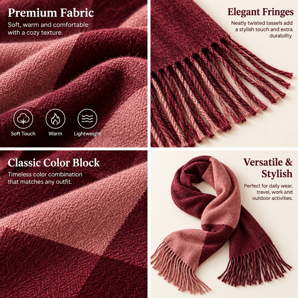 Rose & Burgundy Colorblock Fringe Scarf
