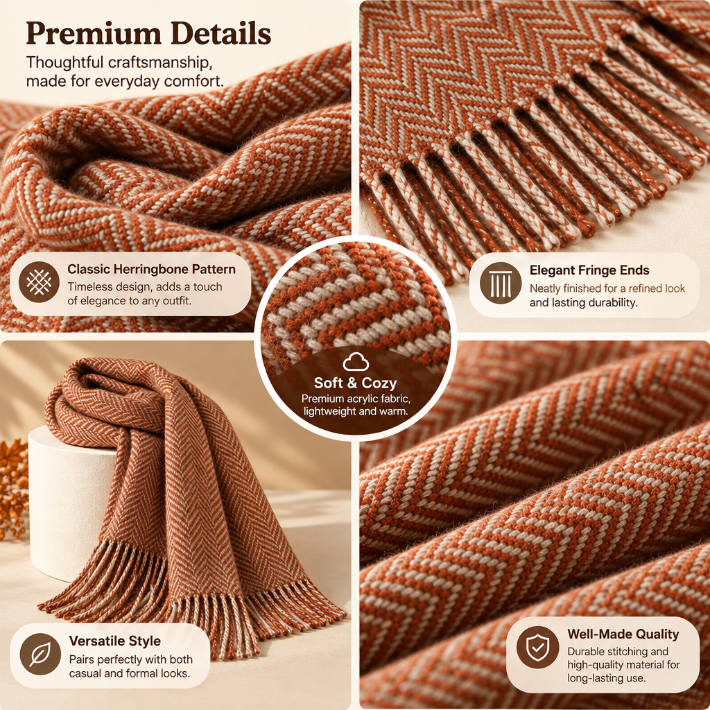 Cinnamon Herringbone Fringe Scarf