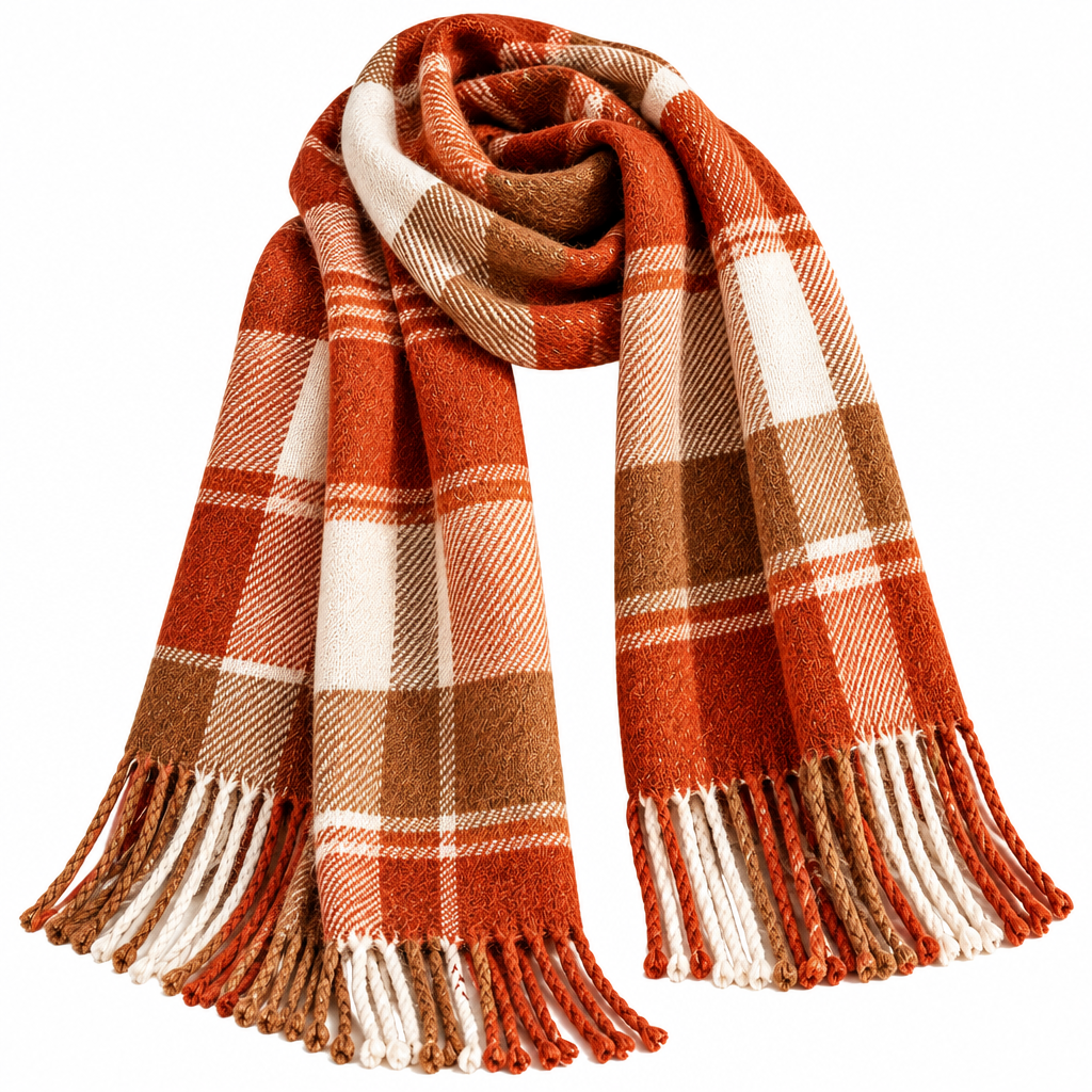 Rust & Caramel Plaid Fringe Scarf