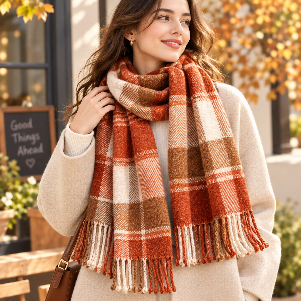 Rust & Caramel Plaid Fringe Scarf