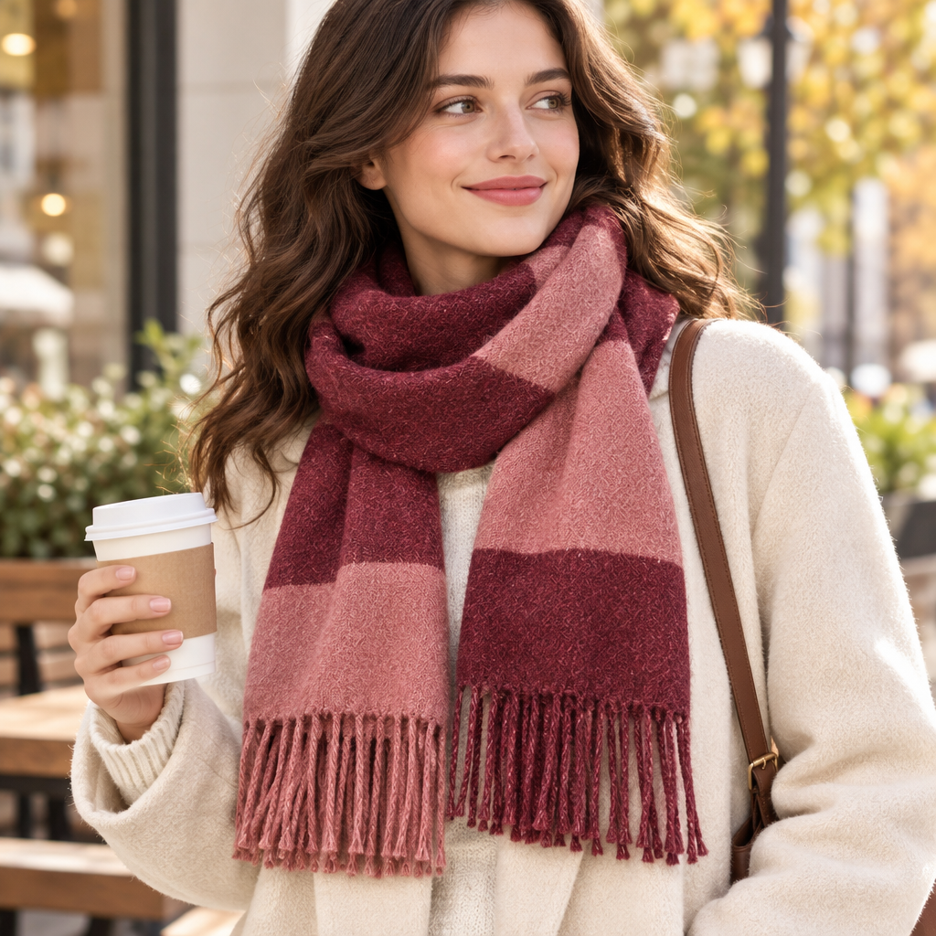 Rose & Burgundy Colorblock Fringe Scarf