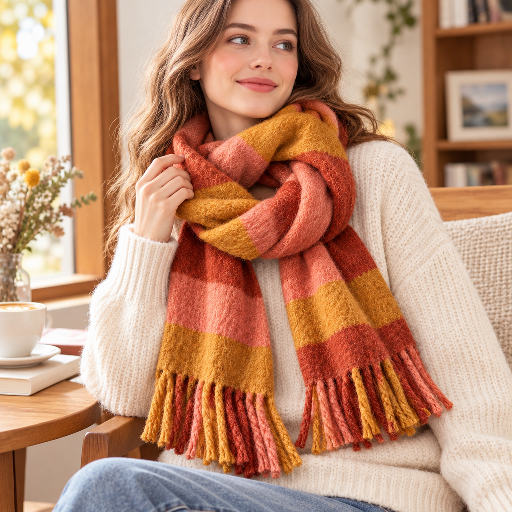 Warm Stripe Fuzzy Fringe Scarf