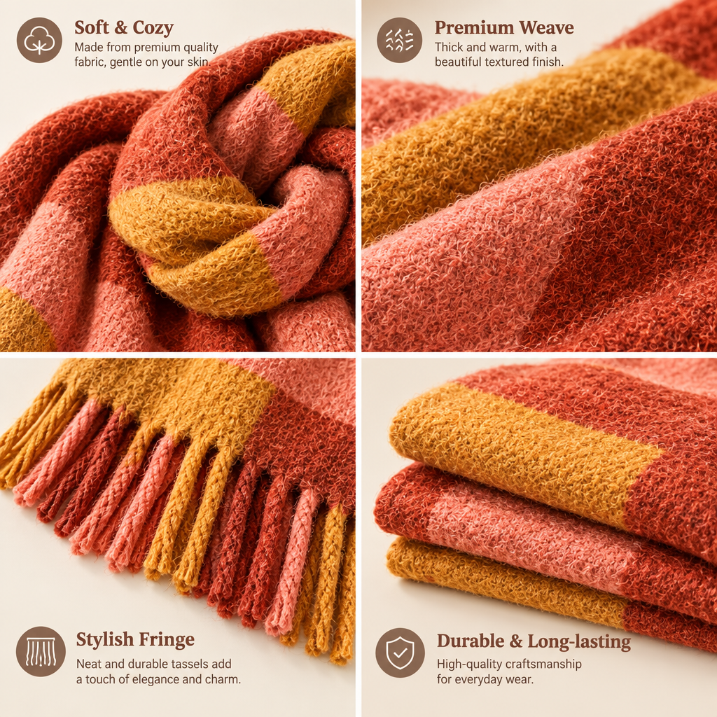 Warm Stripe Fuzzy Fringe Scarf